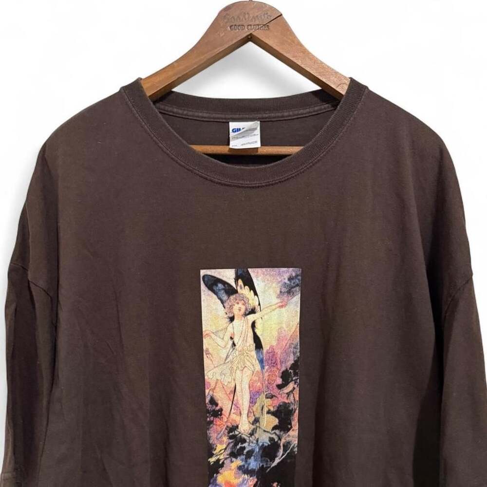 Gildan Fairy Art Graphic T-Shirt 2XL Dark Brown Cotton Y2K Grunge